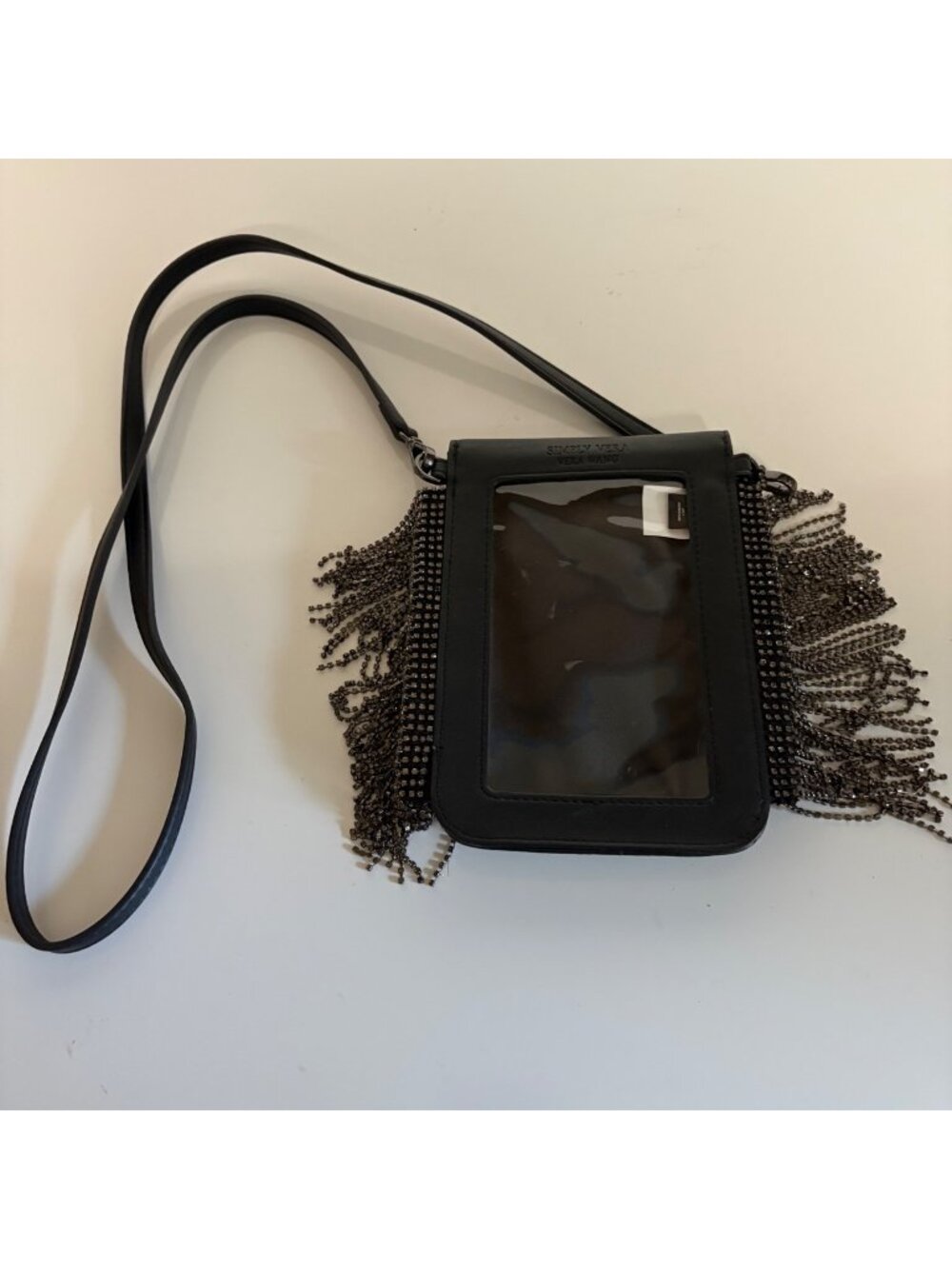 Simply Vera Vera Wang Black Clear Panel Crossbody Bag Rhinestone Fringe Edgy Sty